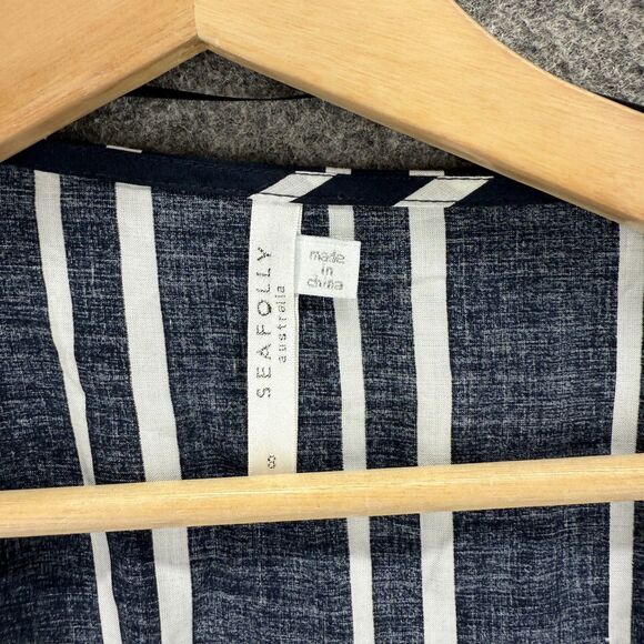 Seafolly Cropped Top Women S Small Blue Striped Open Front Tie Up Short Sleeve - Picture 3 of 7